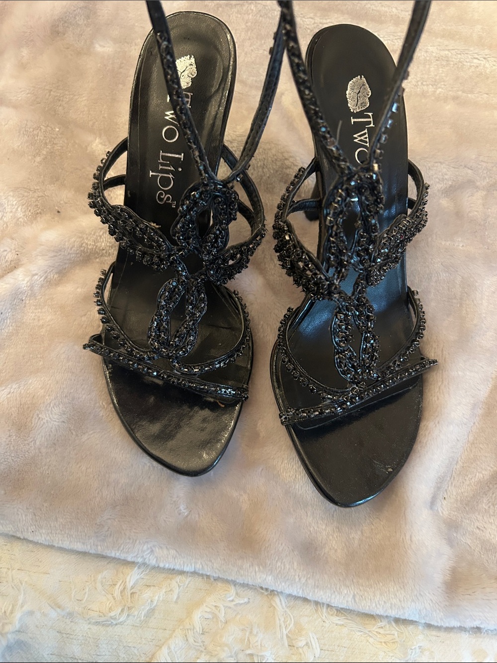 Two Lips Black Beaded Strappy Heeled Sandals